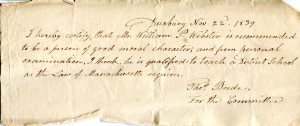 Certificate issued by Town of Duxbury, 1839 stating William P. Webster is qualified to teach.
